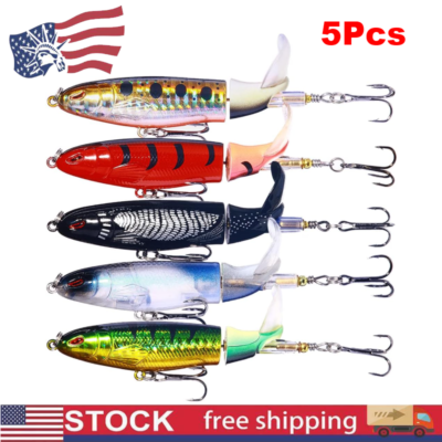 5Pcs Whopper Plopper Topwater Fishing Lures Bass Bait Floating Rotating Tail