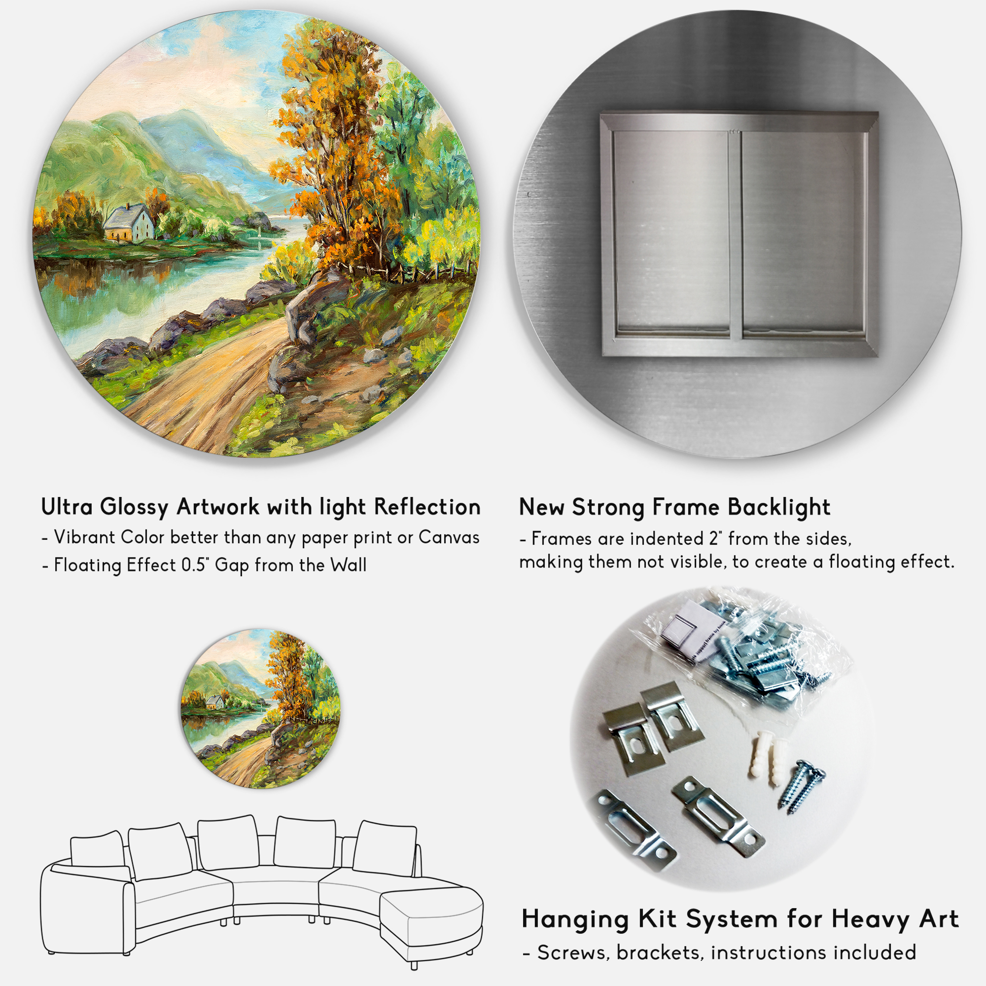 Designart 'The River By The Rural Road' Traditional Circle Metal Wall Art 29x29 - Disc of 29