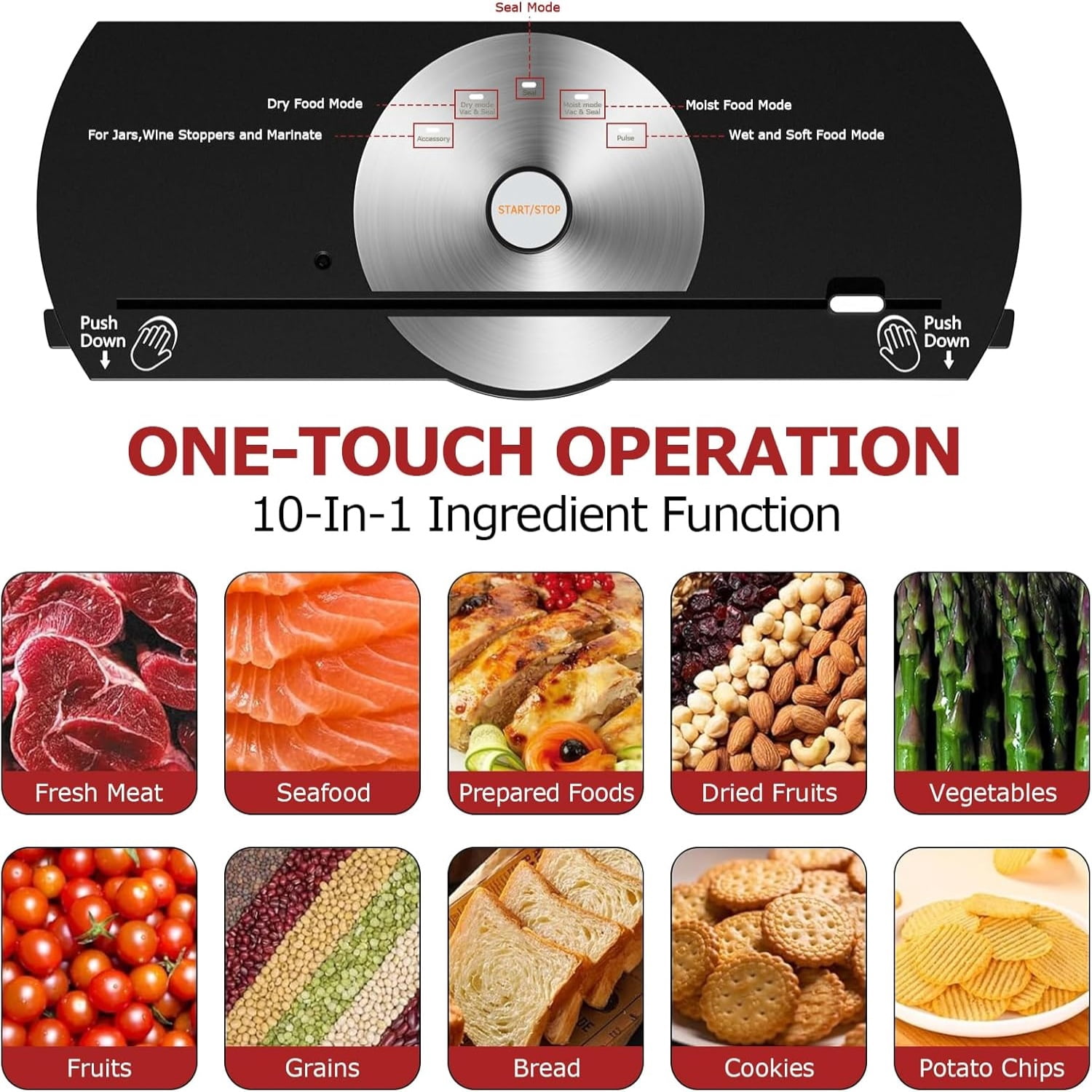 Vacuum Sealer Machine for Food, 65KPA Powerful Compact Vacuum Air Food Sealer with Built-In Cutter & Starter Kit, One-Touch Operation, Moist/Dry/Pulse/Canister All Food Modes LED Indicator