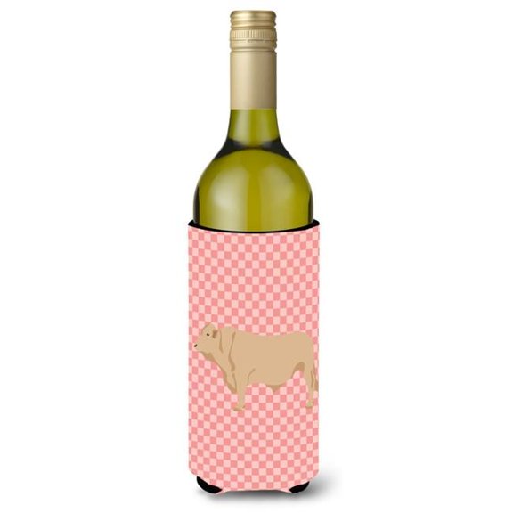 Carolines Treasures BB7826LITERK Charolais Cow Pink Check Wine Bottle Beverge Insulator Hugger