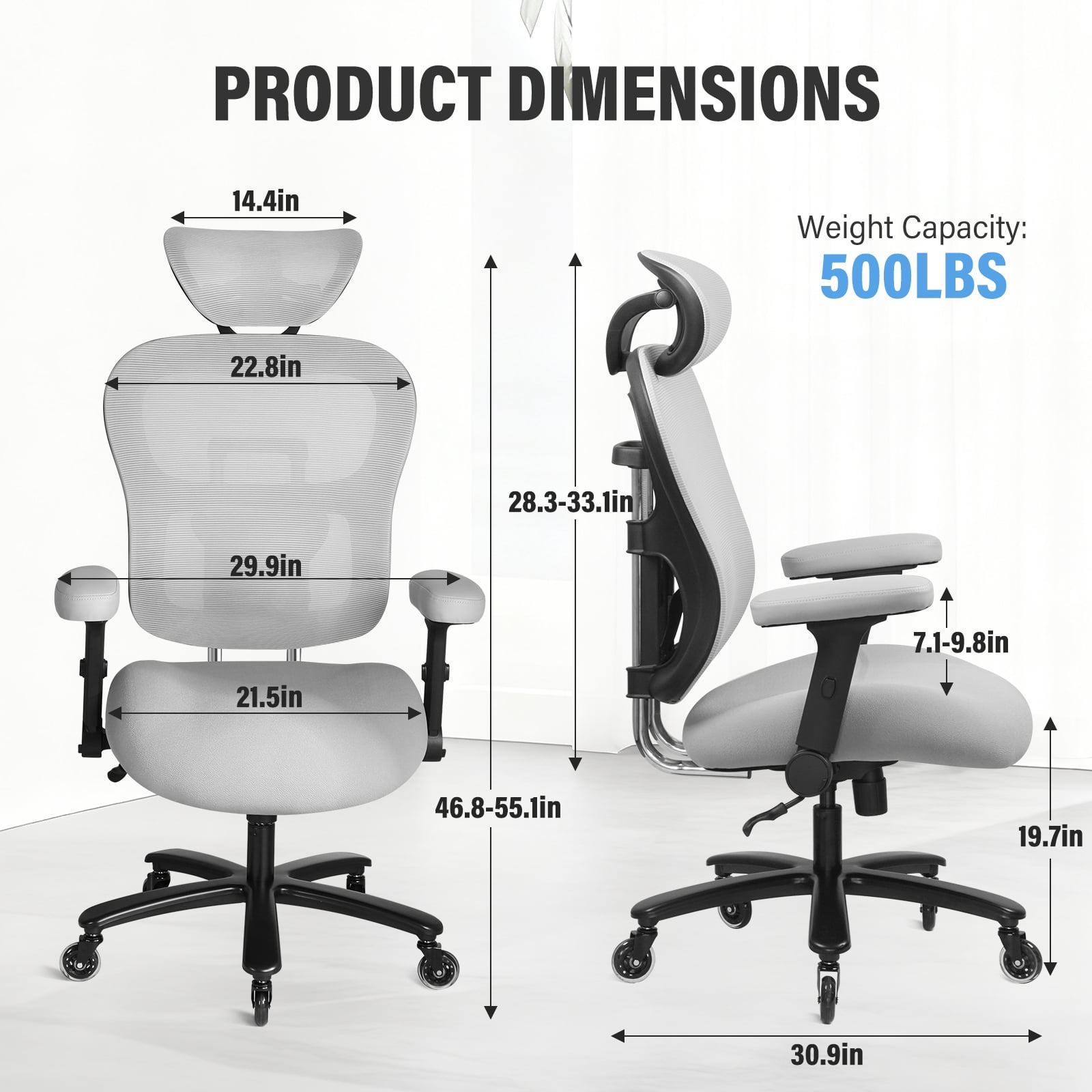 500LBS Big and Tall Office Chair Mesh Breathable, Gaming Chair with Adjustable Backrest Height & Headrest Angle & Adaptive Lumbar Lupport, Executive Computer Desk Chair with 2D Flip-Up Arms, Grey