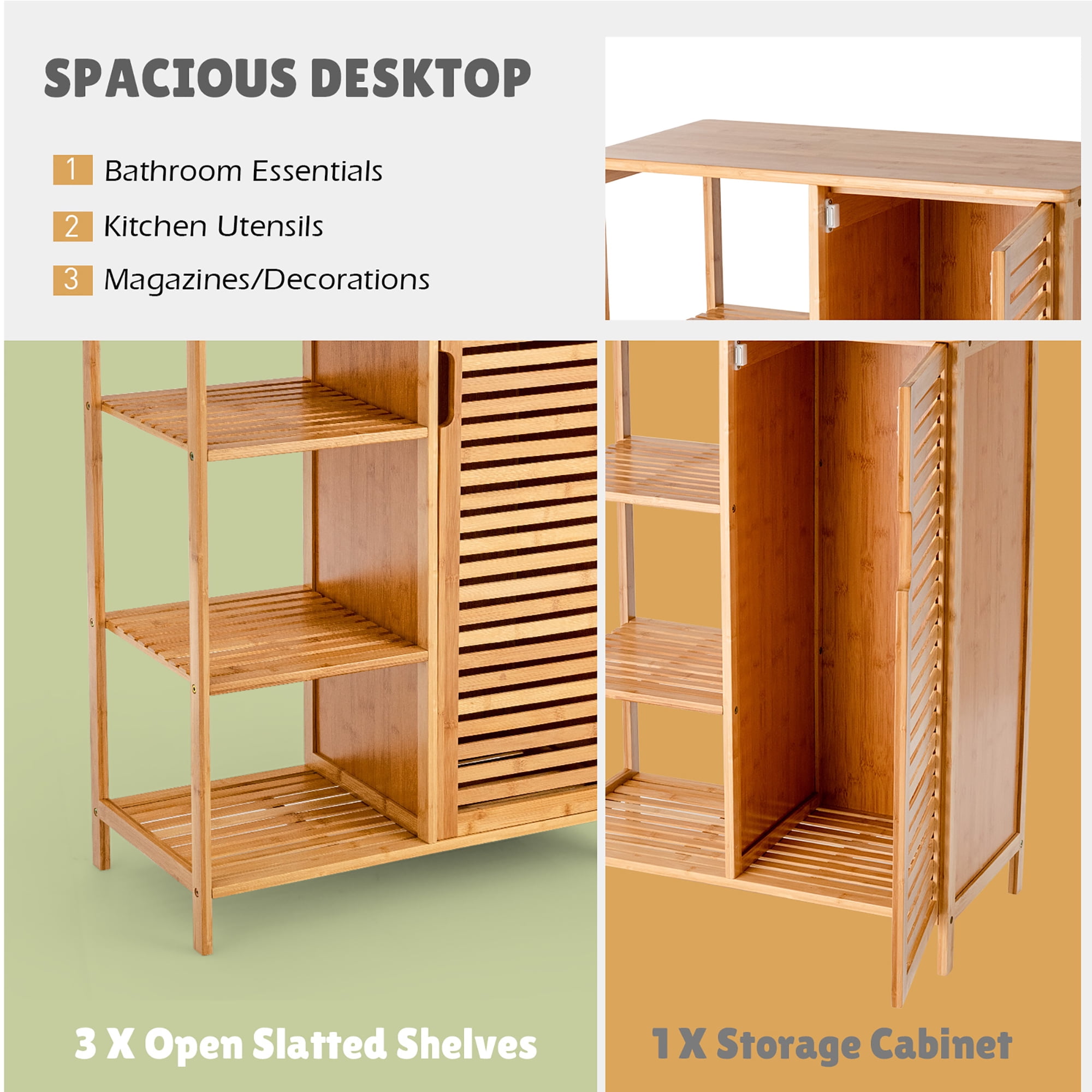 Costway Wooden Standing Restroom Bamboo Storage Cabinet with