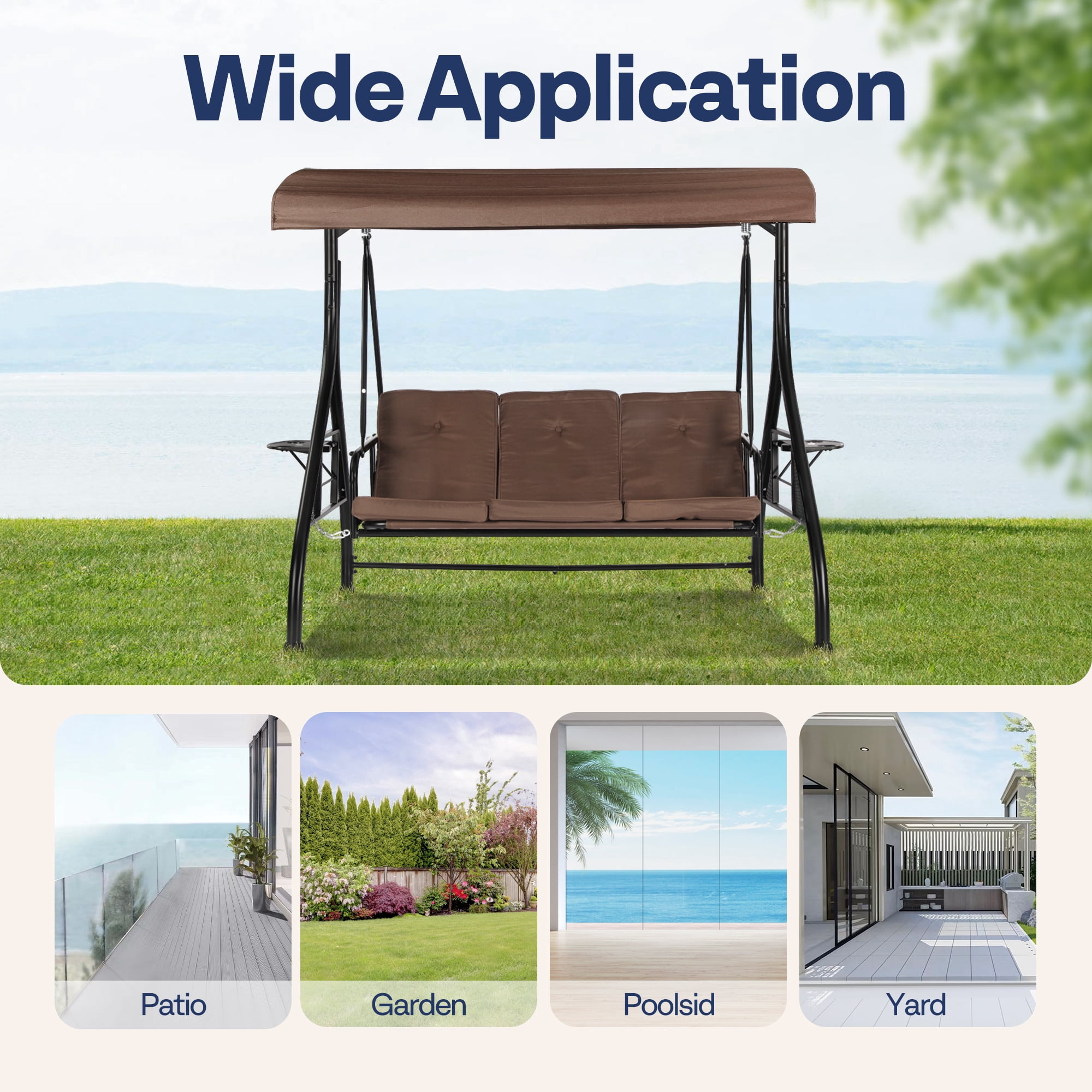 VIVOHOME Outdoor Converting Swing Chair 3-Seat with Canopy, Outdoor Porch Swing Chair with Stand - Brown