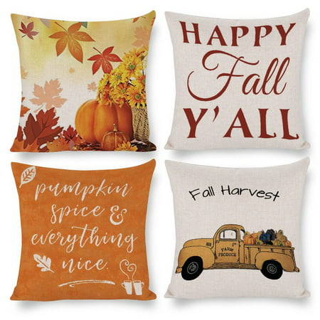 Fall Throw Pillow Covers Set of 4 Autumn Farmhouse Pumpkin Truck Pillow Covers 18x18 Inch Hello Fall | Walmart (US)