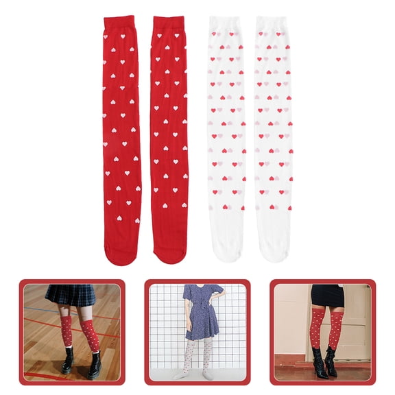 WEUVEB 4 Pair Heart Socks Red Polyester Spandex Couples Socks Valentine Celebrations