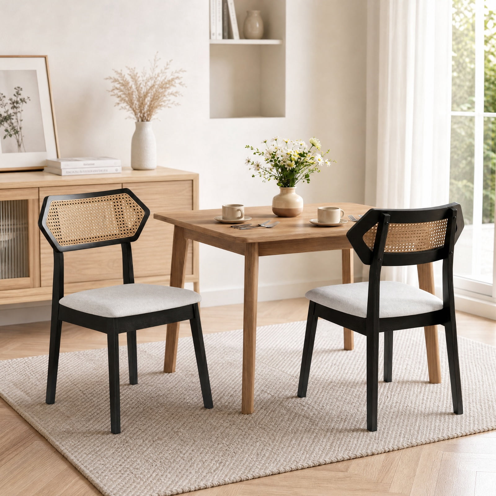 Furnibear Mid Century Rattan Dining Chairs Set of 2 with Woven Rattan Back and Solid Wood Frame for Kitchen Dining Room, Black