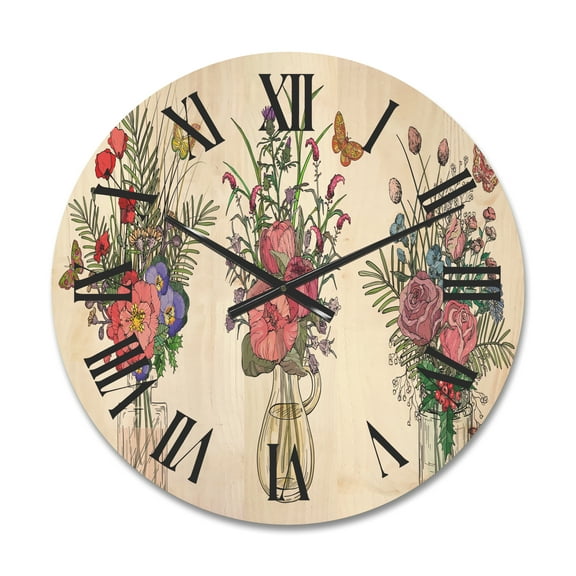Designart 'Transparent Vases With Bouquets of Wildflowers II' Farmhouse Wood Wall Clock