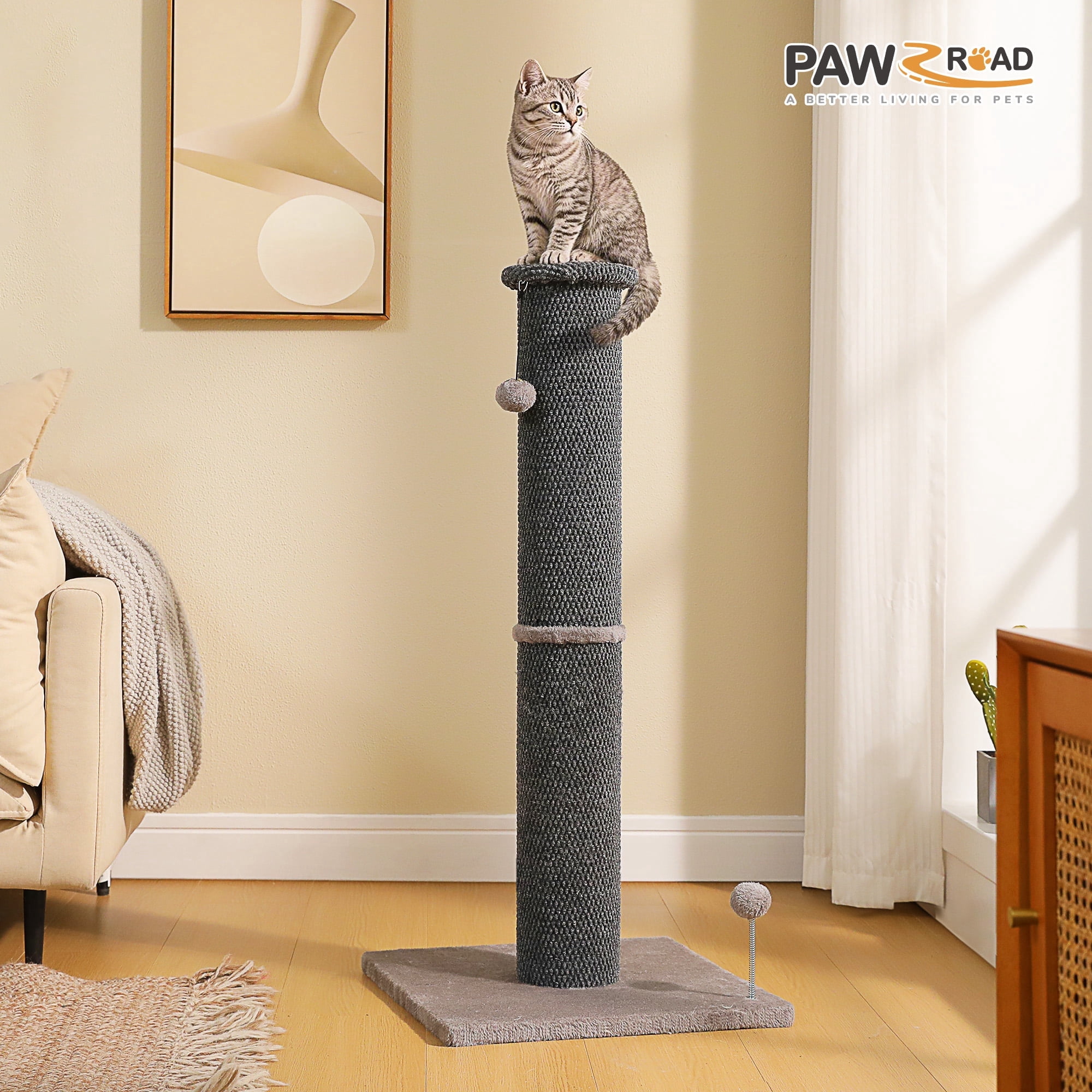 PAWZ Road 40" Tall Large Cat Scratching Post - Durable Polyester Fabric, Wide Stable Base, Dark Gray