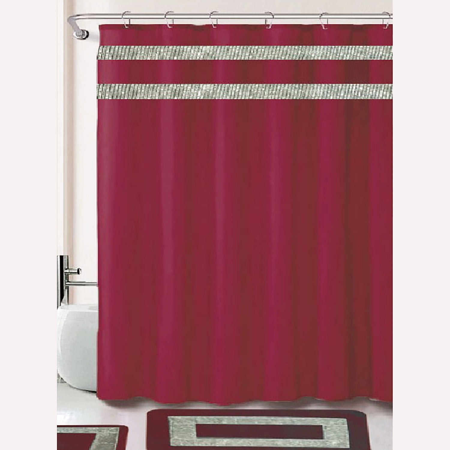 Damaris Diamond 15 Piece Bathroom Mats and Shower Curtain Set, Burgundy