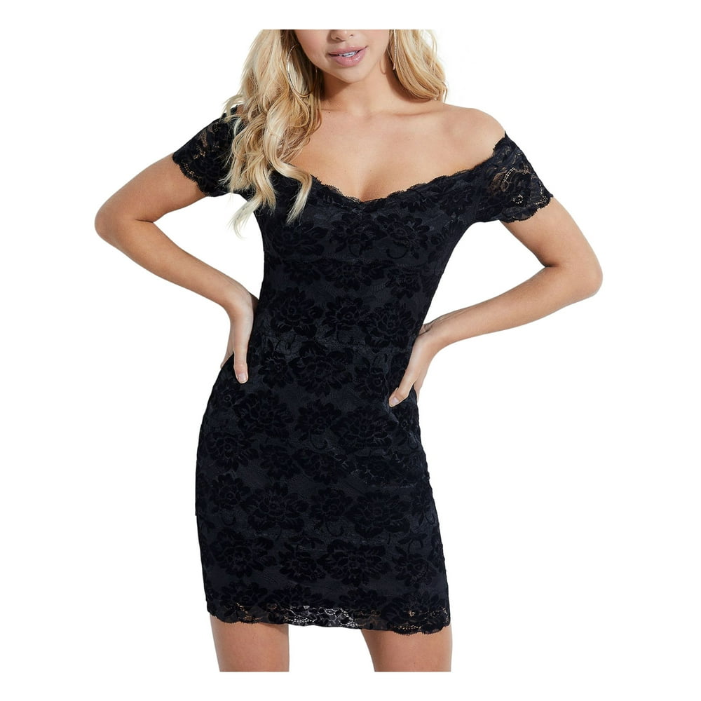 GUESS GUESS Womens Black Floral Sleeveless Off Shoulder Short Body