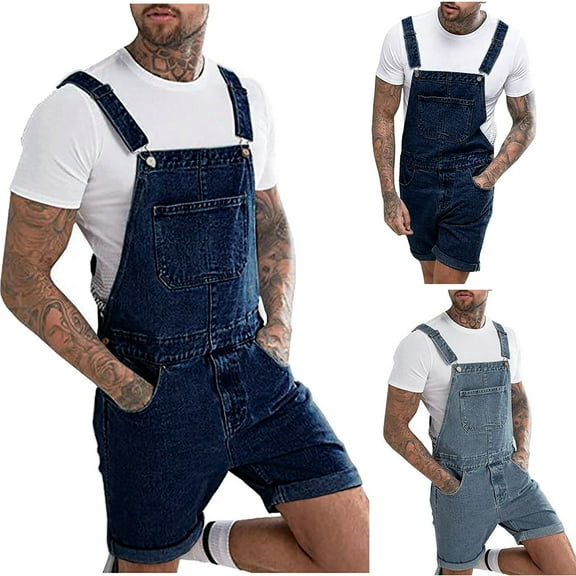 BADHUB Mens Denim Shorts Bib Overall Jean Lightweight Rolled Denim Jumpersuit Walkshort Pockets Rompers Blue L