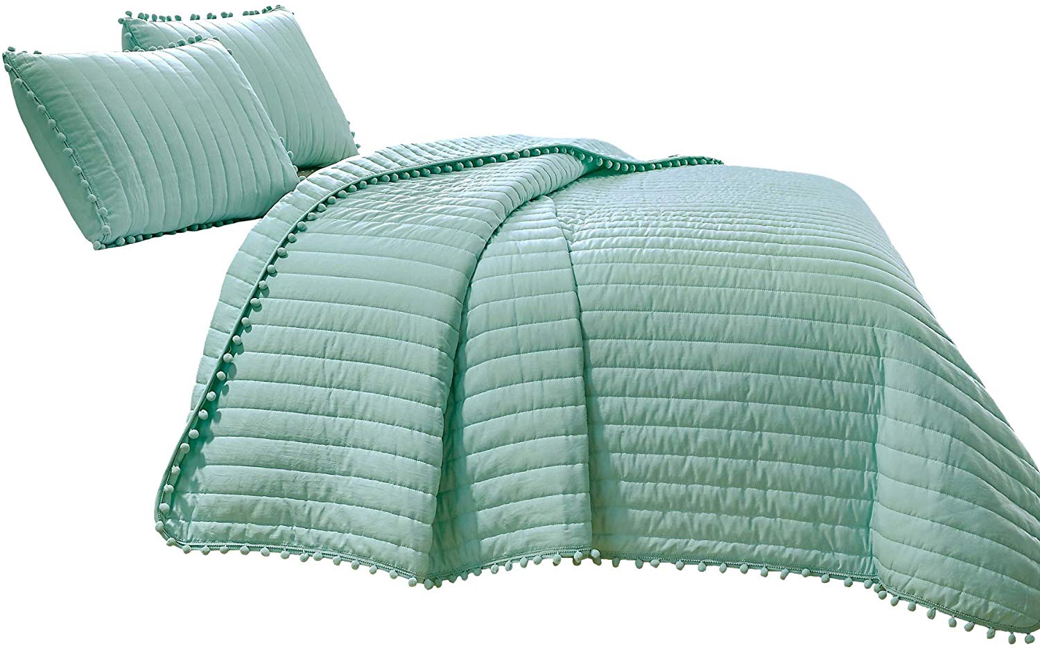 Chezmoi Collection Iris 2Piece Pom Poms Fringe Channel Quilted PreWashed Bedspread Set