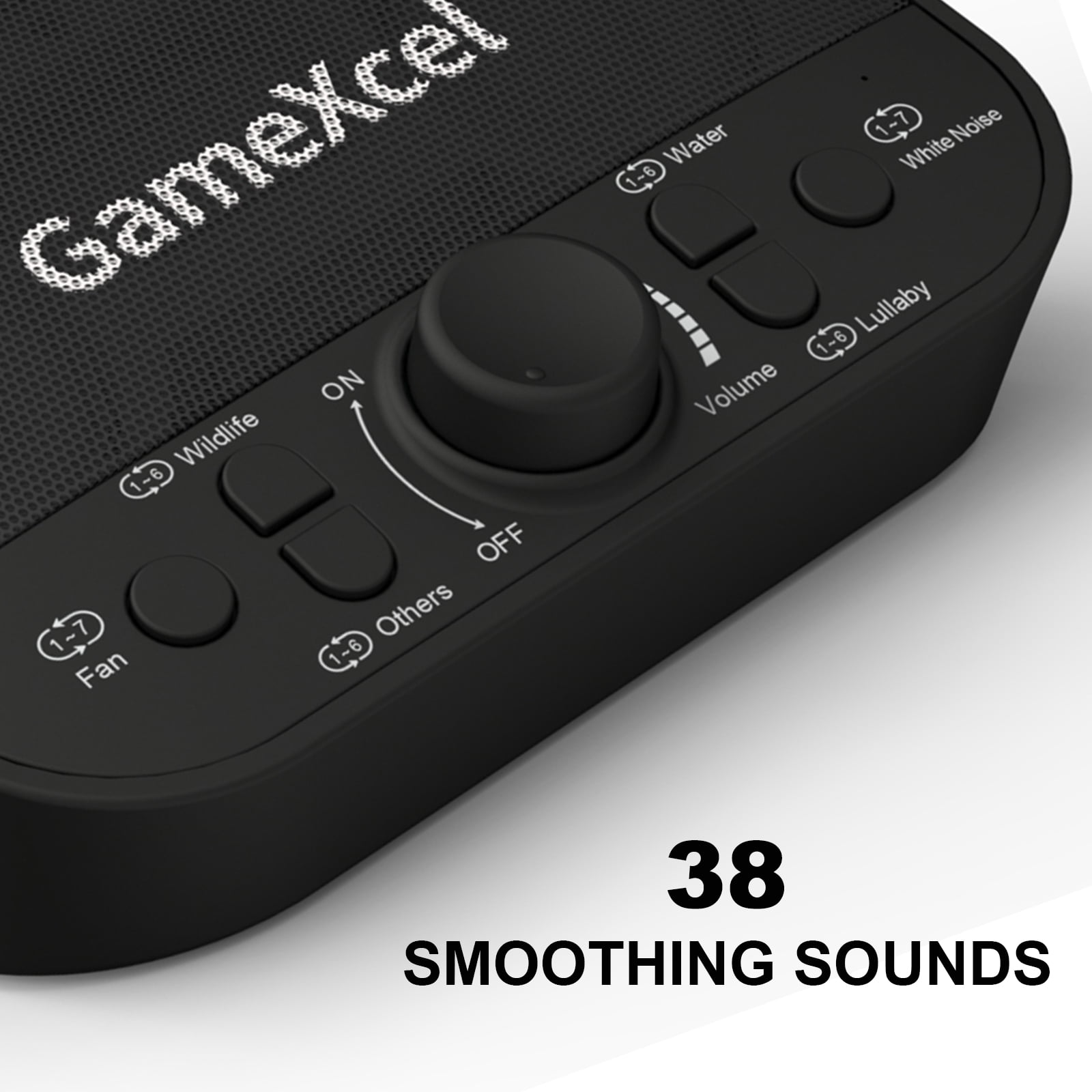 GameXcel White Noise Sound Machine for Baby & Adults, 38 Non-Looping Sounds, Dual Speakers, Headphone Jack, Timer & Memory, USB Powered, Black