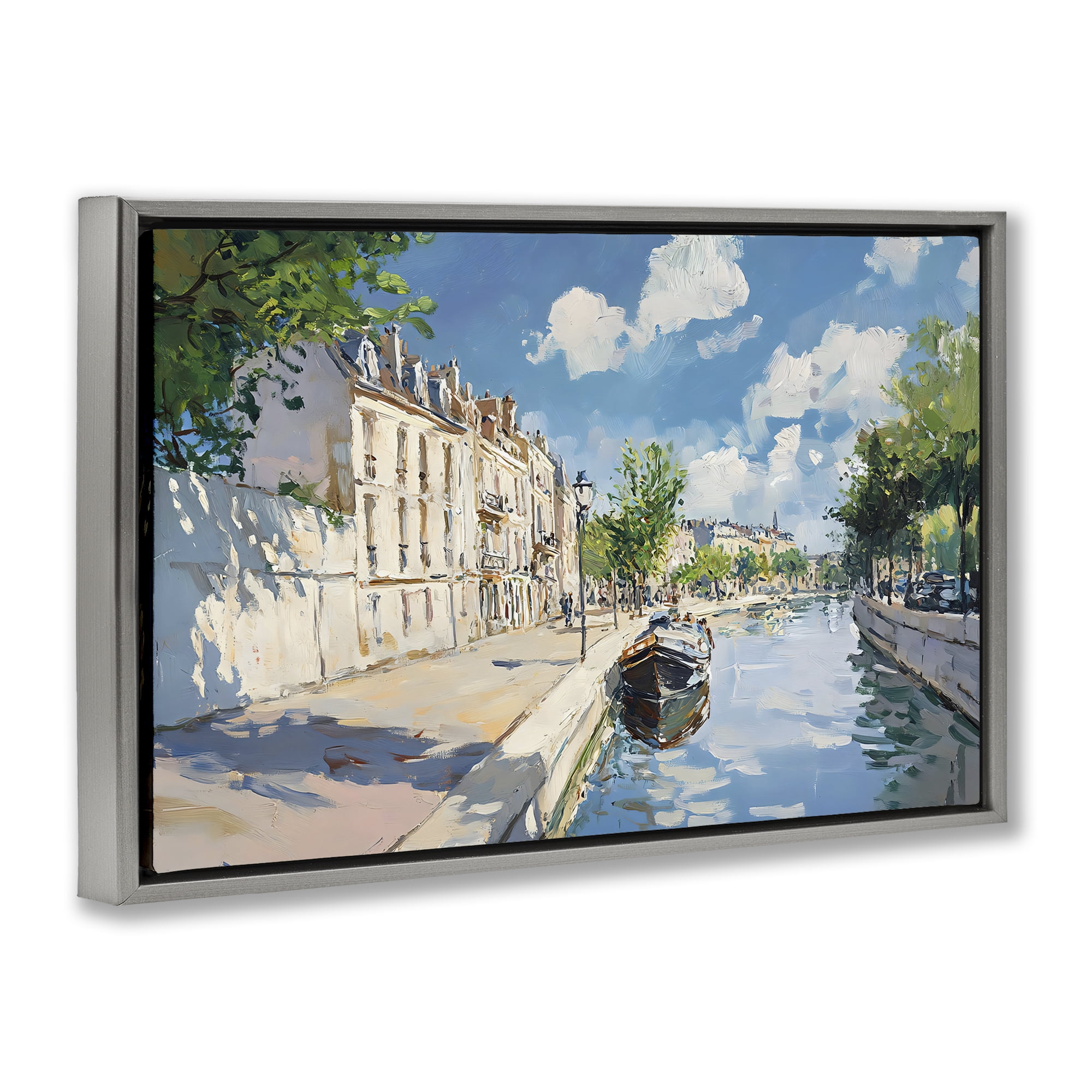 Stupell Industries Boat in Canal Summer Reflection Gray Framed Floater Canvas Wall Art, design by Creative Studio