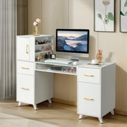 Zimtown 55L*19W*44H Makeup Nail Desk Modern Salon Manicure Table for Nail Tech Glass Top, White