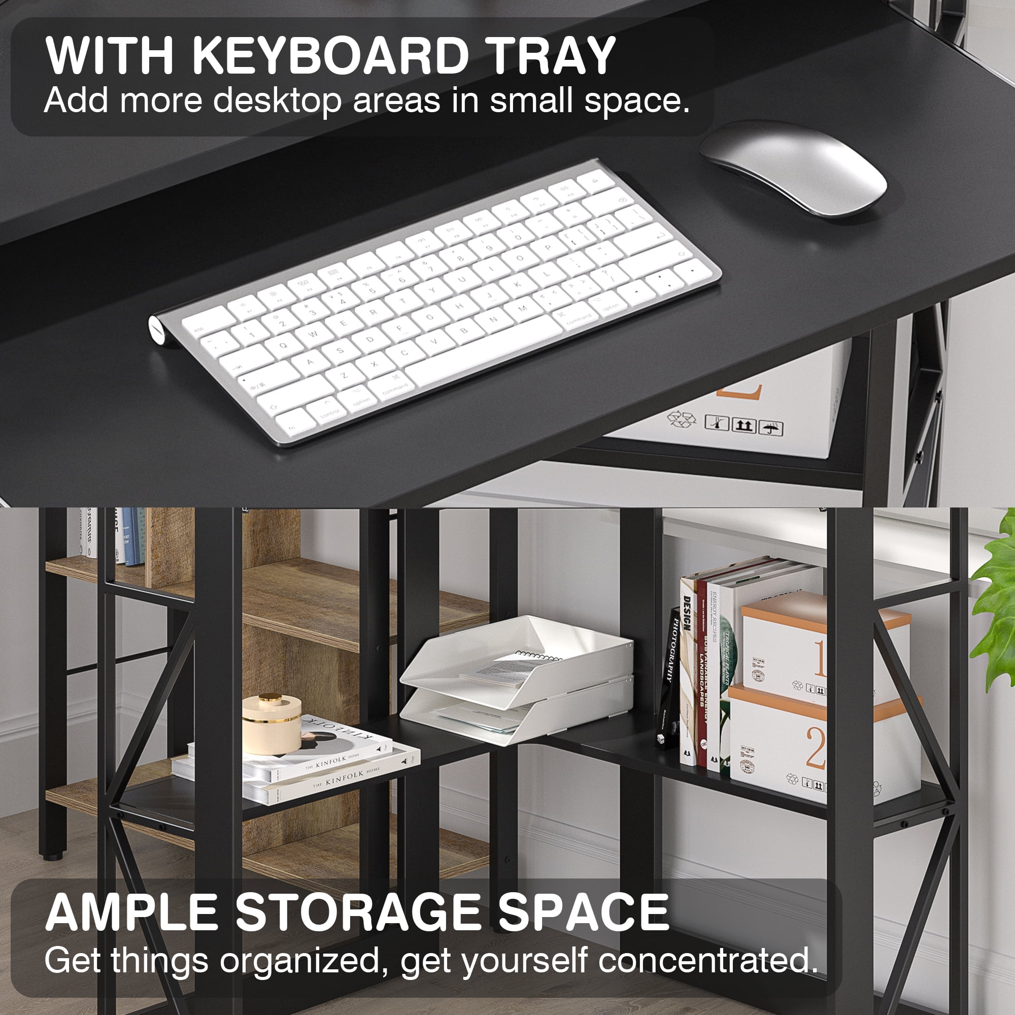 VECELO Corner Computer Desk with Charging Station, 90 Degree Triangle Writing Study Table with Keyboard & Storage Shelves for Small Space, Black