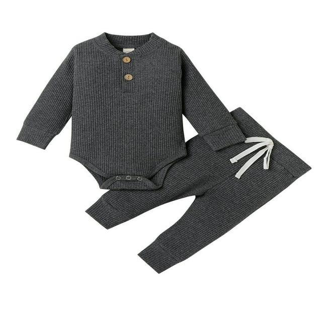 Newborn Baby Boy Girl Clothes Ribbed Knitted Romper Long Pants Fall Winter Suit Dark Gray 0-3 Months