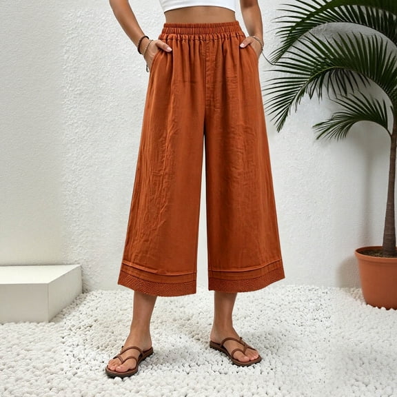 Mifsaly Wide Leg Capri Pants for Women Elastic Waist Cotton Linen Capris with Pockets Lightweight Flowy Loose Fit Casual Summer Clothes Watermelon Red,M