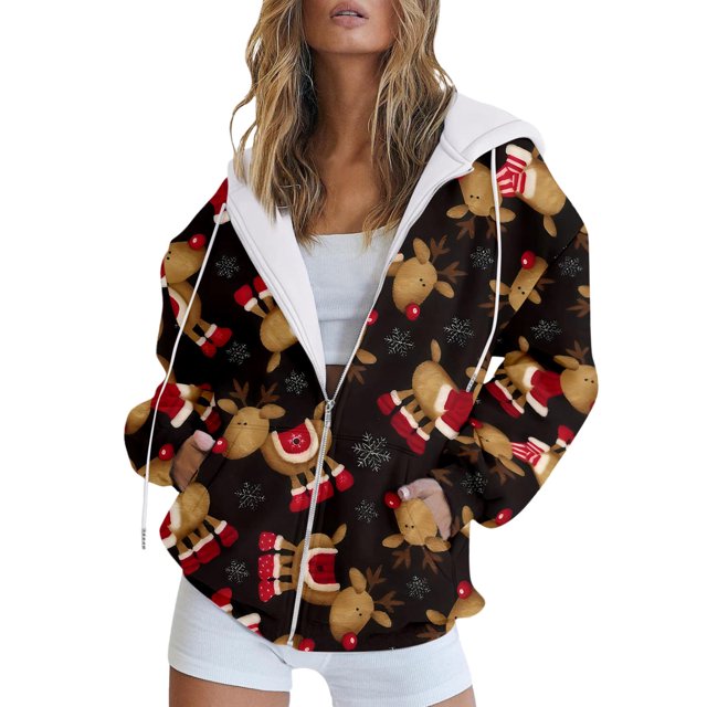 Bmisegm Veste à Capuche Mode Décontractée pour Femmes avec Cordon de Serrage Imprimé Coloré Fermeture Éclair Poches Chandail en Molleton Manteaux Café TTG