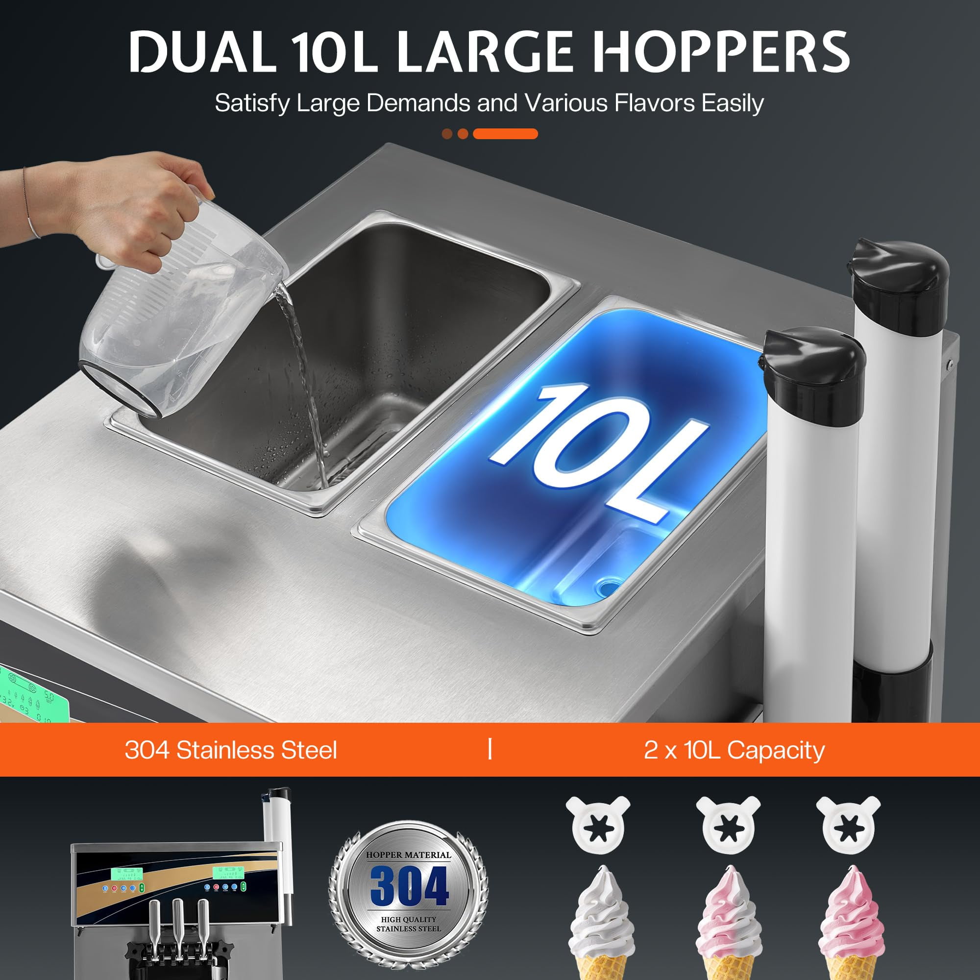 LUXOAK 45L/H Commercial Soft Ice Cream Machine, 3-Flavor Ice Cream Maker, Dual Compressors, Auto Clean & Pre-Cooling for Restaurants
