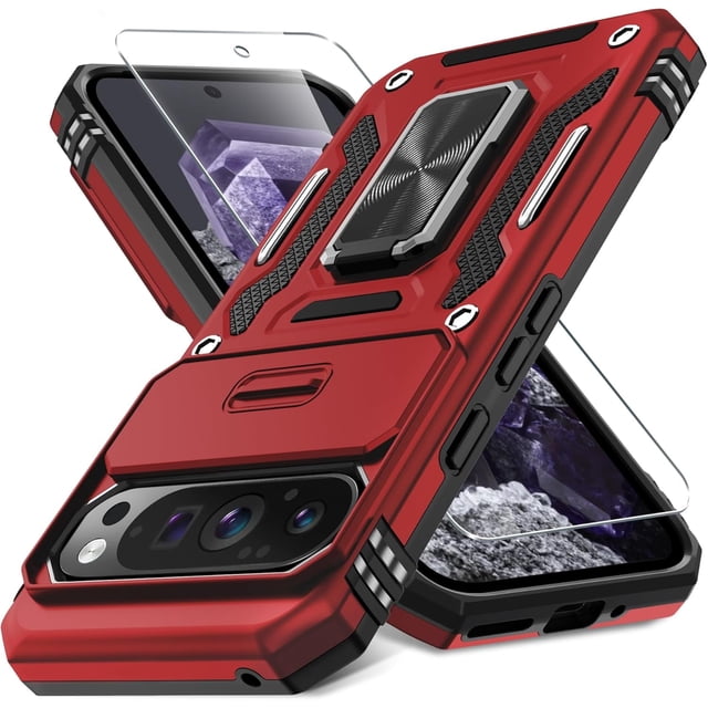 KOMI Case for Google Pixel 9/9 Pro with Slide Camera Cover+Screen Protector(1 Pack), Rotated Ring Kickstand Military Grade Shockproof Protective Cover-Red