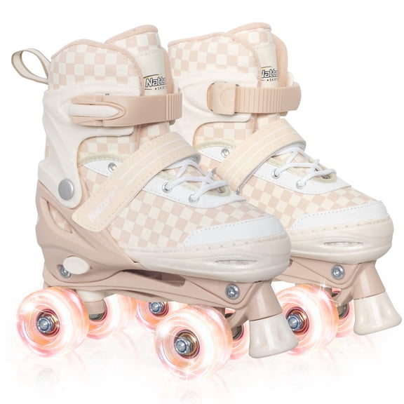 MammyGol Adjustable Roller Skates for Kids Teens, Illuminating Wheels Roller Quad Skates with Checkerboard Design for Boys Girls Khaki Size 1 2 3 4