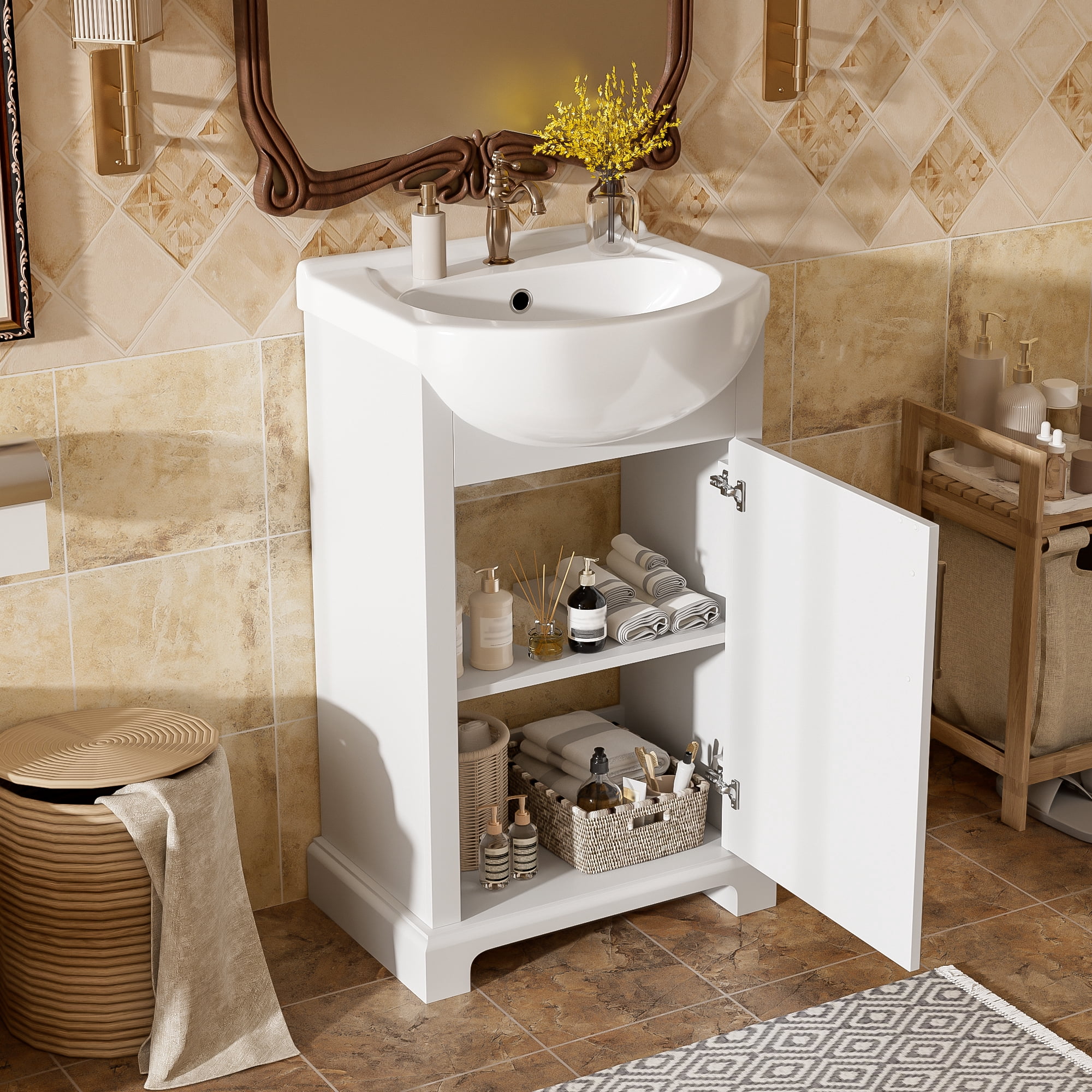 20-inch Bathroom Vanity with Ceramic Sink, Freestanding Single Vanity Set with Soft Closing Door, Bulged Ceramic Basin, French Style, White