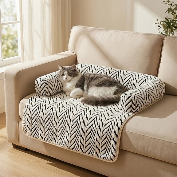 Pet Sofa Bed Mat‑White Pattern‑Plush Bolster Anti‑Slip Couch Protector‑1‑Pack‑M‑30×22in / L‑35×32in