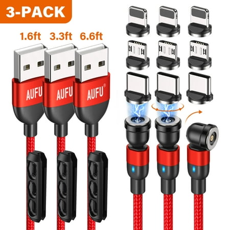 AUFU 3 in 1 Magnetic Charging Cable [3Pack-6.6ft/3.3ft/1.6ft], 540 Rotation Magnetic Phone Charger Cable for Type C Micro USB & iProduct