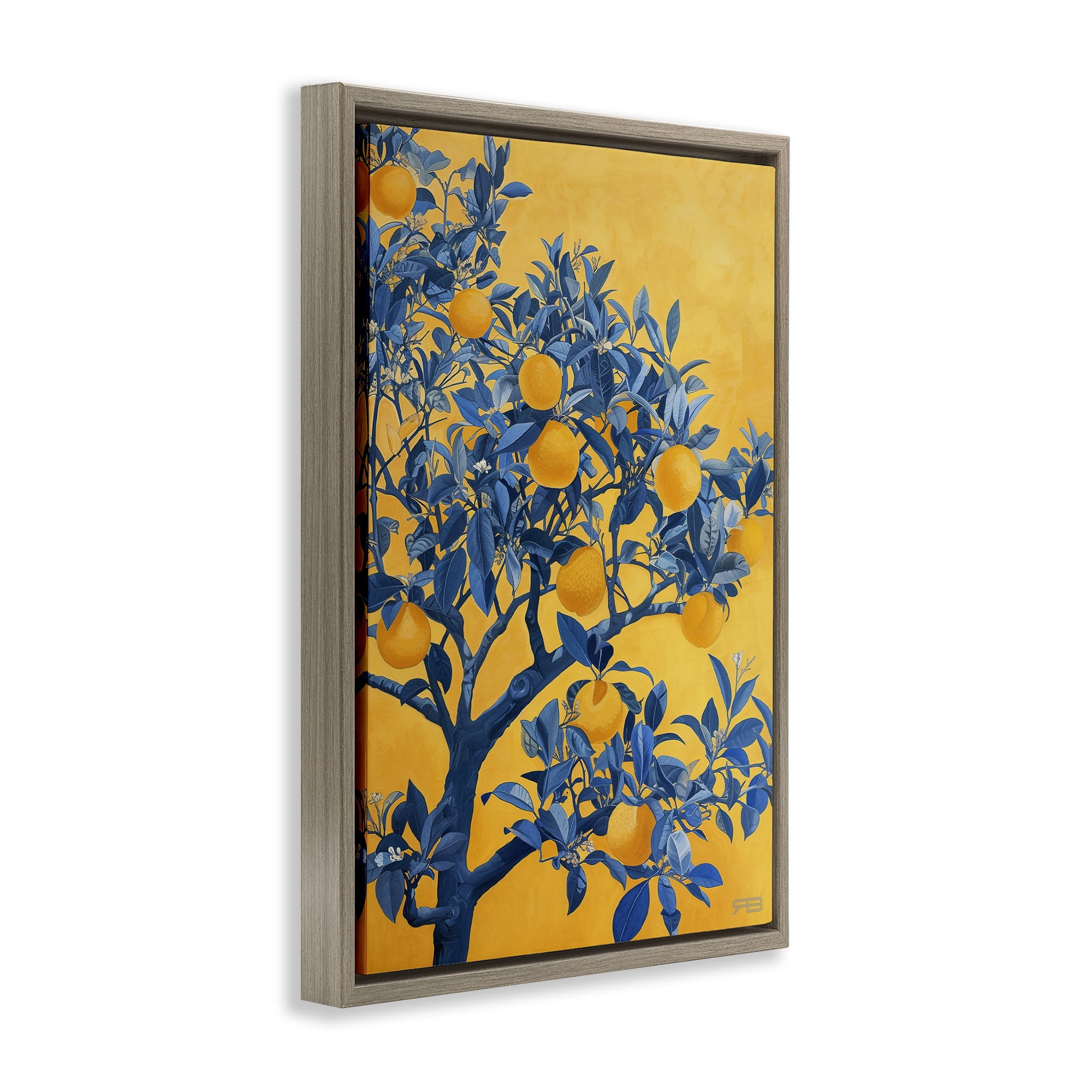Stupell Industries Lemon Tree on Orange Food & Beverage Painting Brown Floater Framed Canvas Art Print Wall Art, 17 x 25