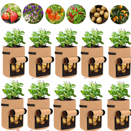 SHANNA Potato Grow Bags, 10 Pack 7 Gallon Garden Planting Bag with Durable Handle, Thickened Nonwoven Fabric Pots for Tomato, Vegetable and Fruits, Brown