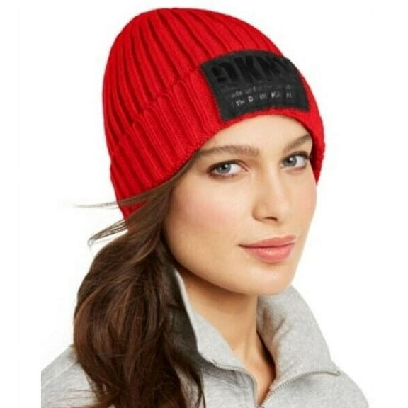 DKNY Red Fleece-Lined Knit Beanie, One Size