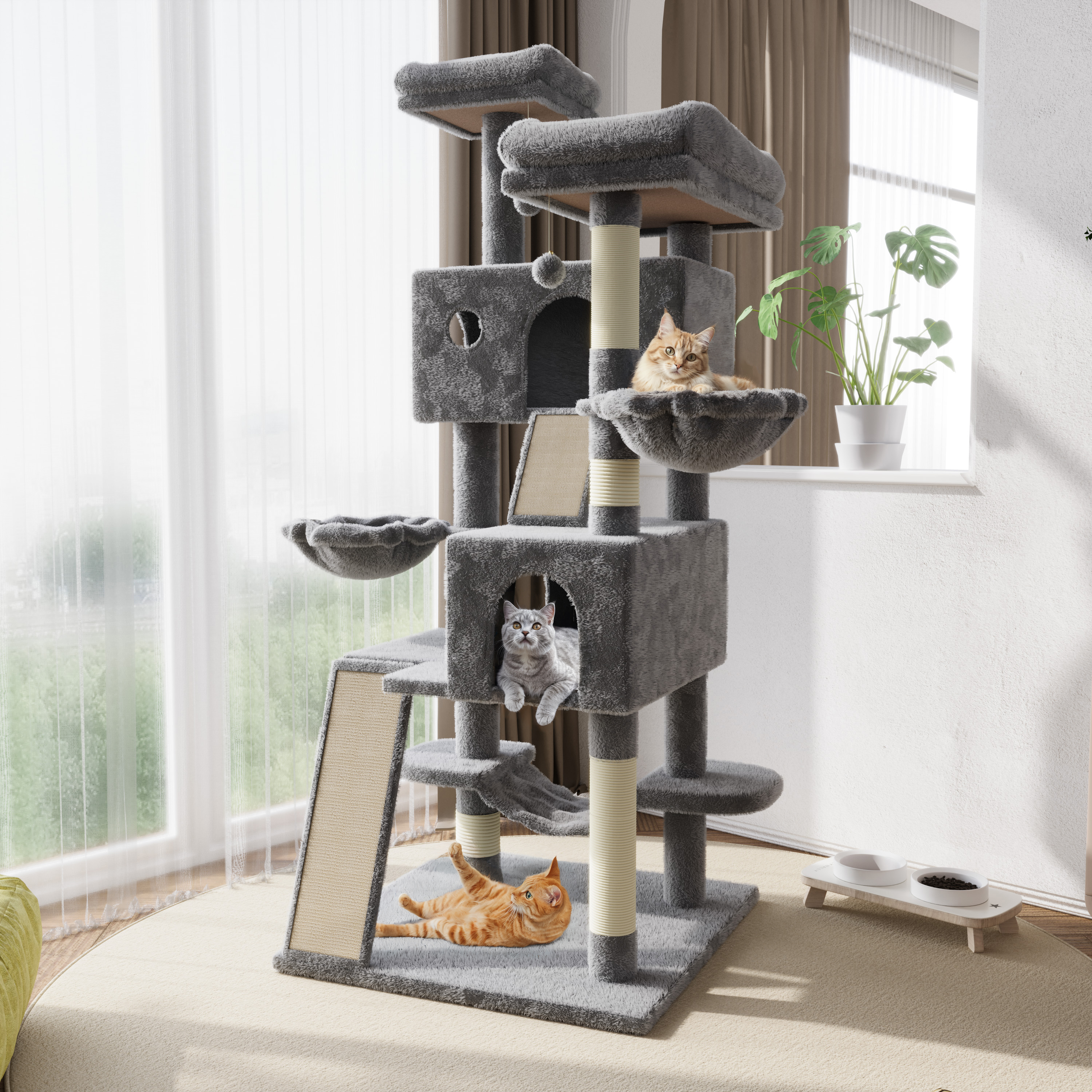 Amolife 65.7" Large Cat Tree with Hammock and Scratching Posts, Gray photo 3