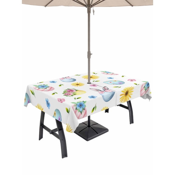 Easter Outdoor Tablecloth - 60x84 Inch Rectangle Dining Table Cover, Spring Watercolor Bunny Eggs Daisy Flowers Waterproof Outdoor Table Cloth with Umbrella Hole & Zipper for Picnic/Patio/Party