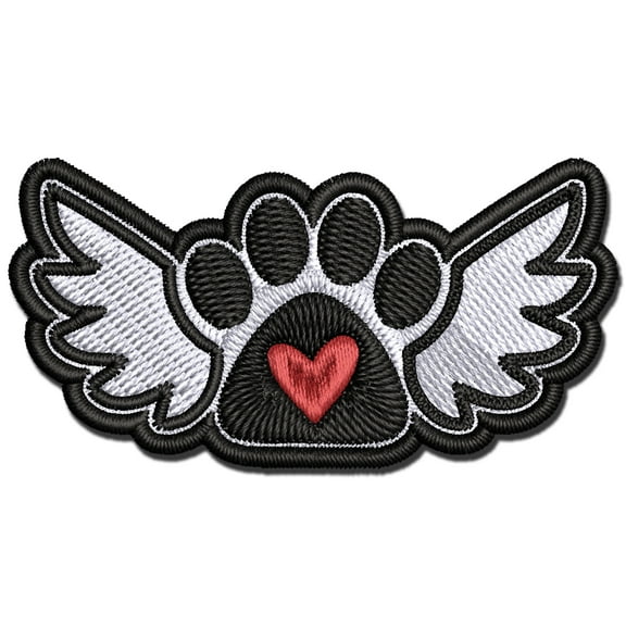 Paw Print Angel Wings with Heart Dog Cat Applique Multi-Color Embroidered Iron-On Patch - 2.5 Inch Small