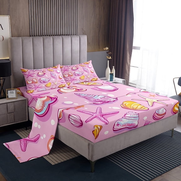 Erosebridal Starfish Seashell Sheet Set Twin,Pink Golden Bedding Sets Twin Size,Breathable Bed Sheets Twin,Marine Room Decorative,3pcs