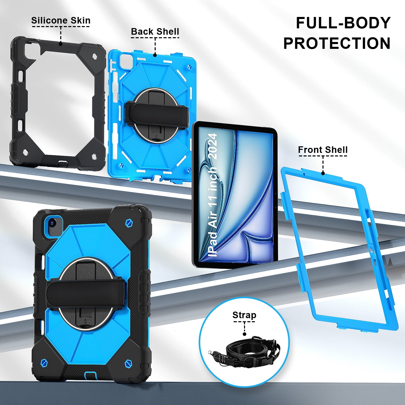 Allytechgroup iPad Air 11 Inch M4 M3 M2 2026 2025 2024 Case Cover with Pencil Holder, Rugged Heavy Duty Protection with Kickstand & Hand Strap Shockproof Kids Friendly Case for Apple iPad Air 11"