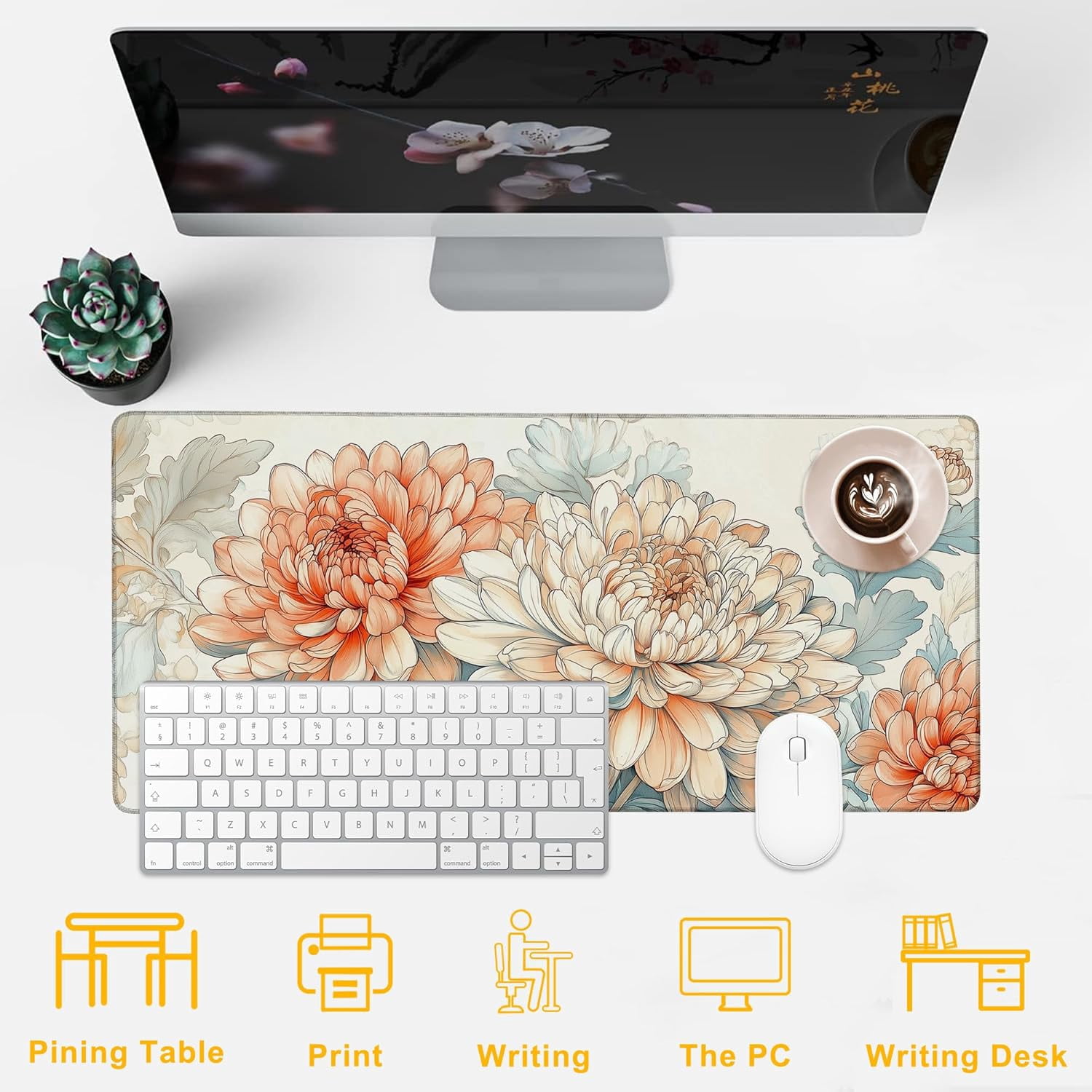 Desk Mat Blooming Chrysanthemums Desk Pad for Keyboard and Mouse, Large Big Gaming Mouse Pad with Stitched Edges for Work Game, 35.43 x 15.75 in