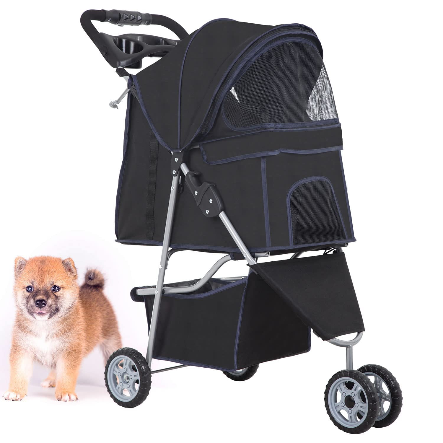 BestPet 3 Wheels Pet Stroller Dog Cat Stroller Folding Carrier Waterproof with Cup Holder (Black