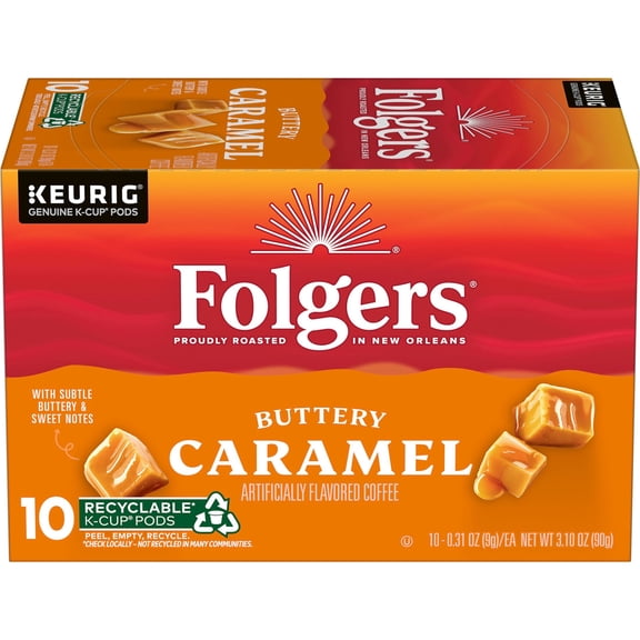 Folgers Buttery Caramel Artificially Flavored Coffee, Keurig K Cup Pods, 10 Count Box