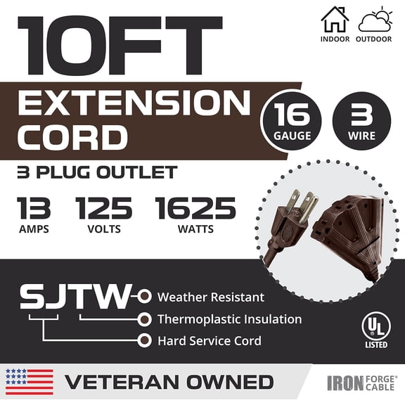 OTGFRF-Iron Forge Cable 10ft Brown Outdoor Extension Cord with 3 Outlets - 16/3 SJTW 10ft Extension Cord 3 Prong, 13 Amp All-Weather Heavy Duty Power Cable