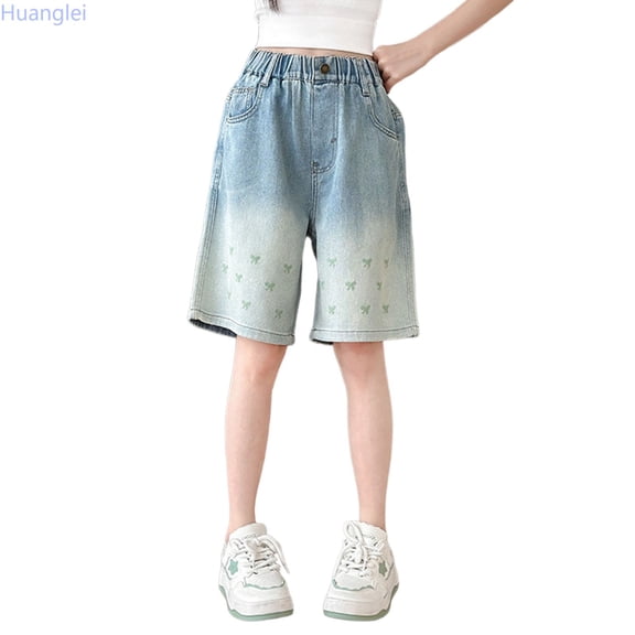 Huanglei Girls Denim Shorts Summer Casual Loose Fit Mid Thigh Print Green Daily Wear ，Girls Jean Shorts /Size 4-5 Years(Green)