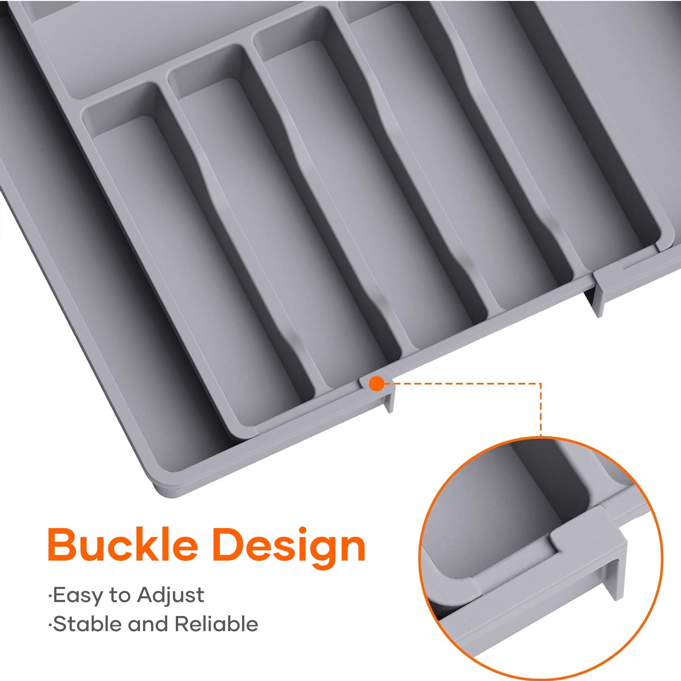 ORFELD Extendable Utensil Tray for Drawer,Multipurpose Kitchen Organizers and Storage Solution，Adjustable BPA-Free Cutlery Holder for Spoons, Forks, Grey