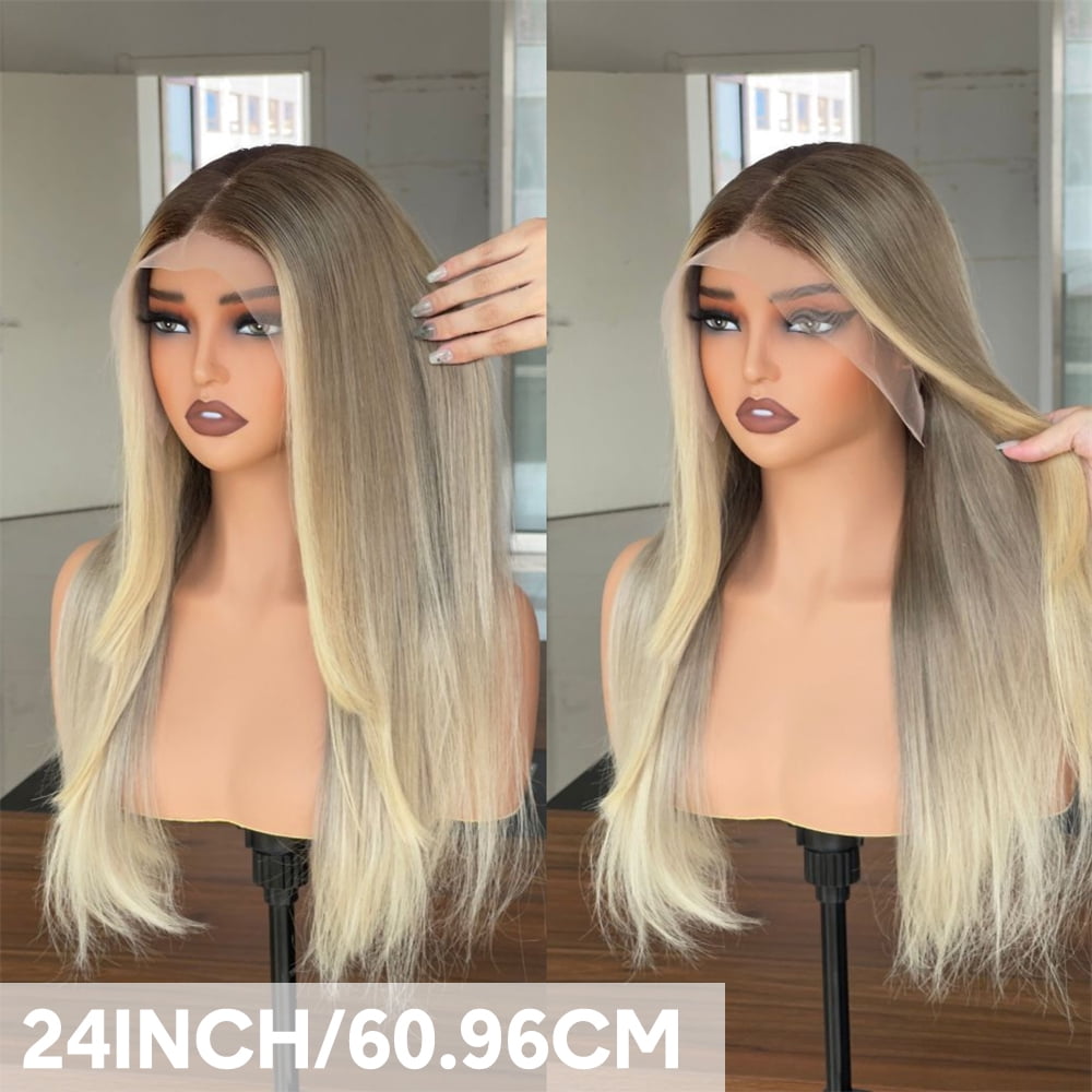 Mscathy Layered Straight Beige Ombre Hightlight Wigs Human Hair Ash Blonde 13x4 HD Transparent Lace Front Wig Human Hair 180% Density Pre Plucked Natural Hairline Remy Human Hair Wig With Baby Hair