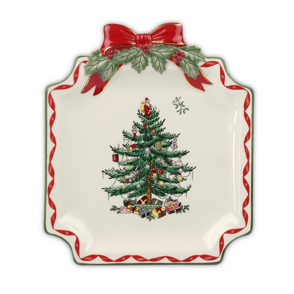 Spode Christmas Tree Ribbons Canape Platter - 6.5-Inch Holiday Serving Plate for Desserts, Appetizers, and Treats - Festive Earthenware Christmas Dinnerware with Gold Accents - Dishwasher Safe