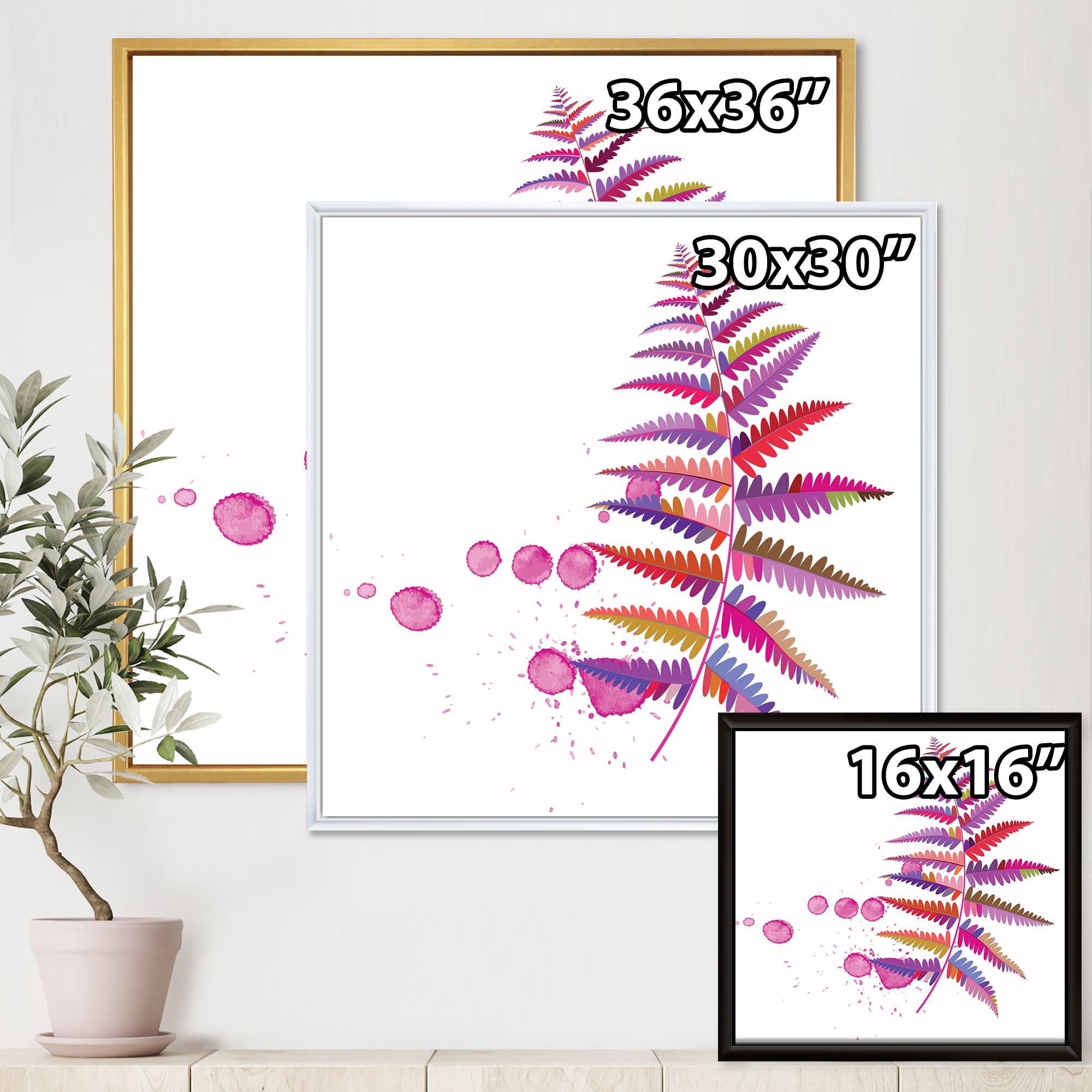 Designart 'Purple Fern With Purple Splash' Farmhouse Framed Canvas Wall Art Print