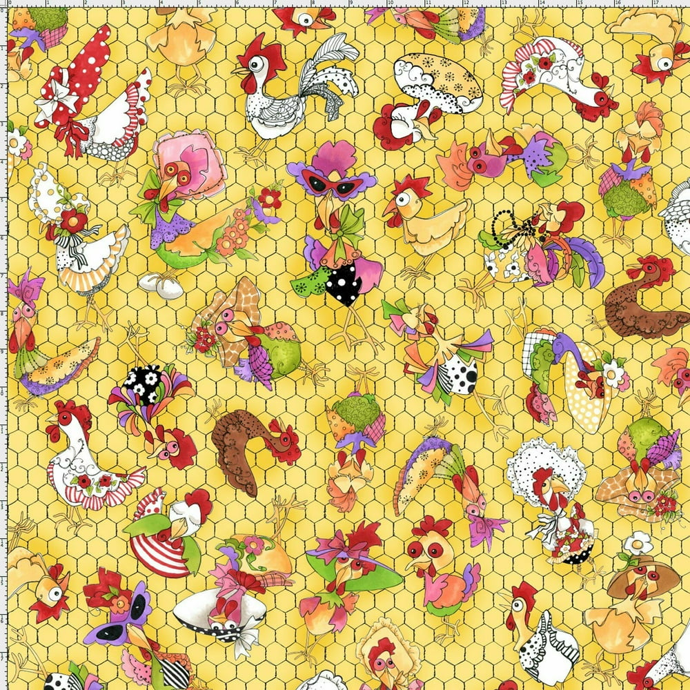 CoopersChickens With Wire on YellowCotton Fabric by Loralie Designs