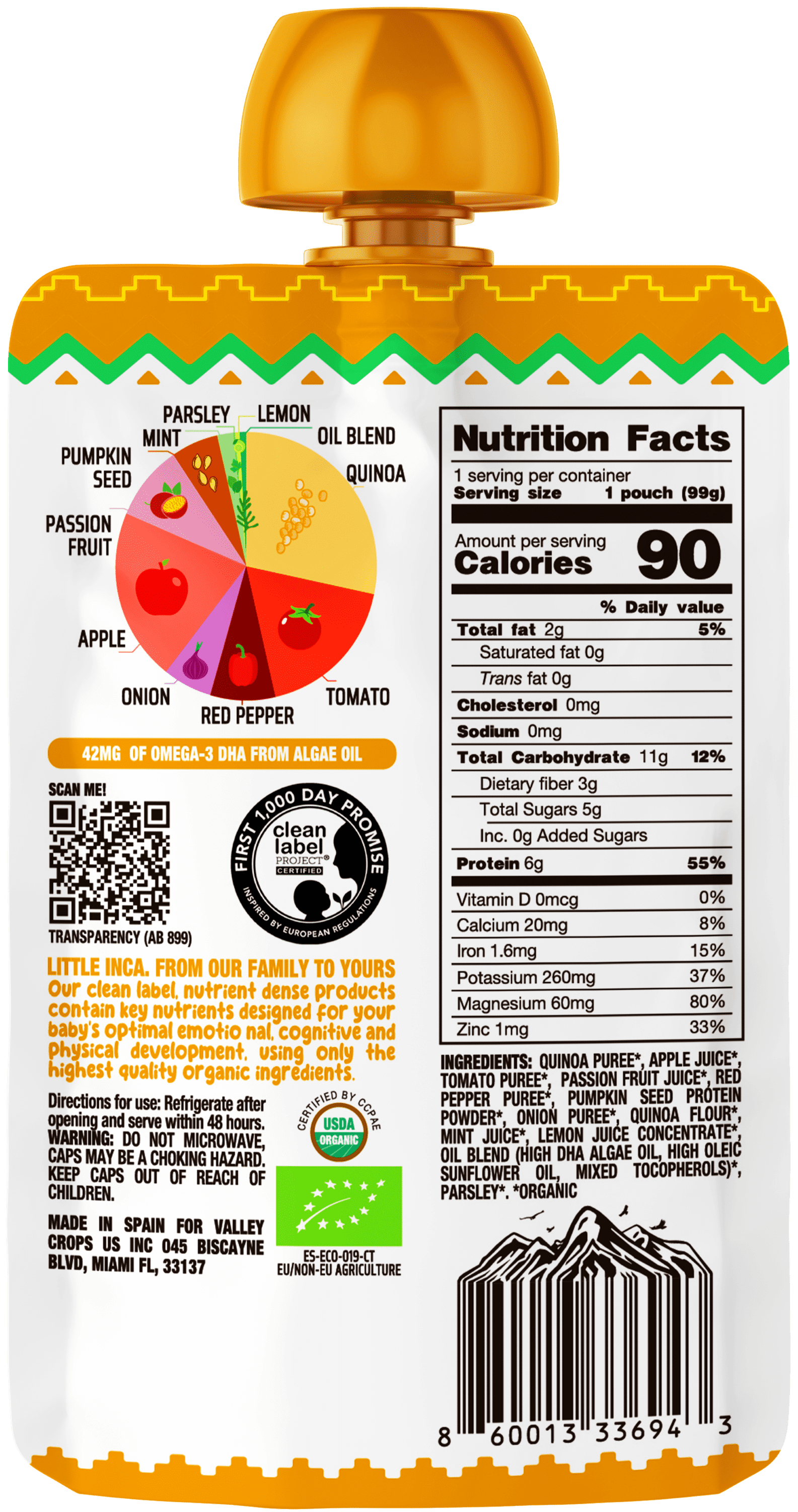 Little Inca Stage 2 Baby Food Pouches, Quinoa Tabbouleh Baby Puree, Plant Based High Protein, Dairy-Free, 6 x 3.5oz