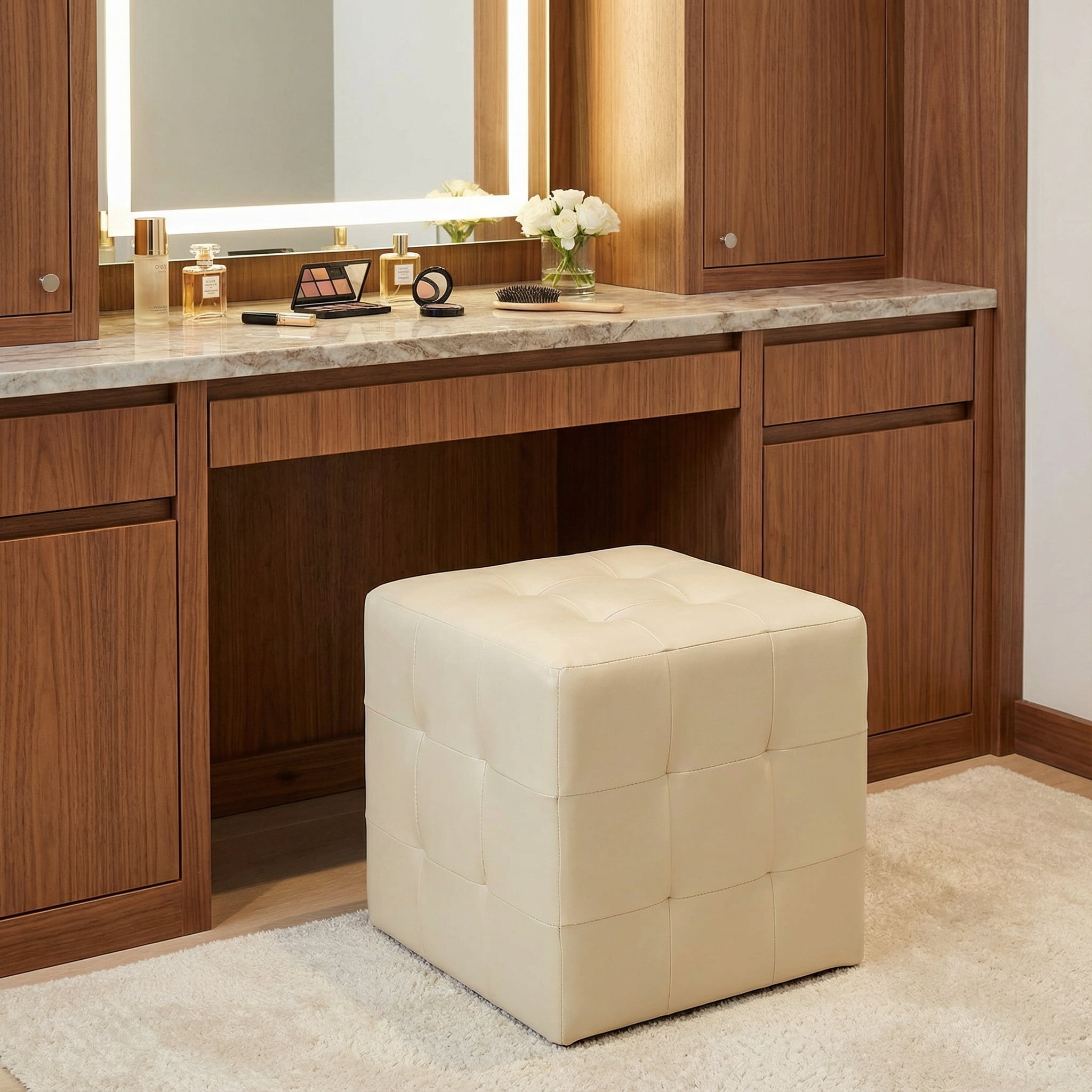 Cortesi Home Braque  Tufted Cube Ottoman in Ivory Faux Leather