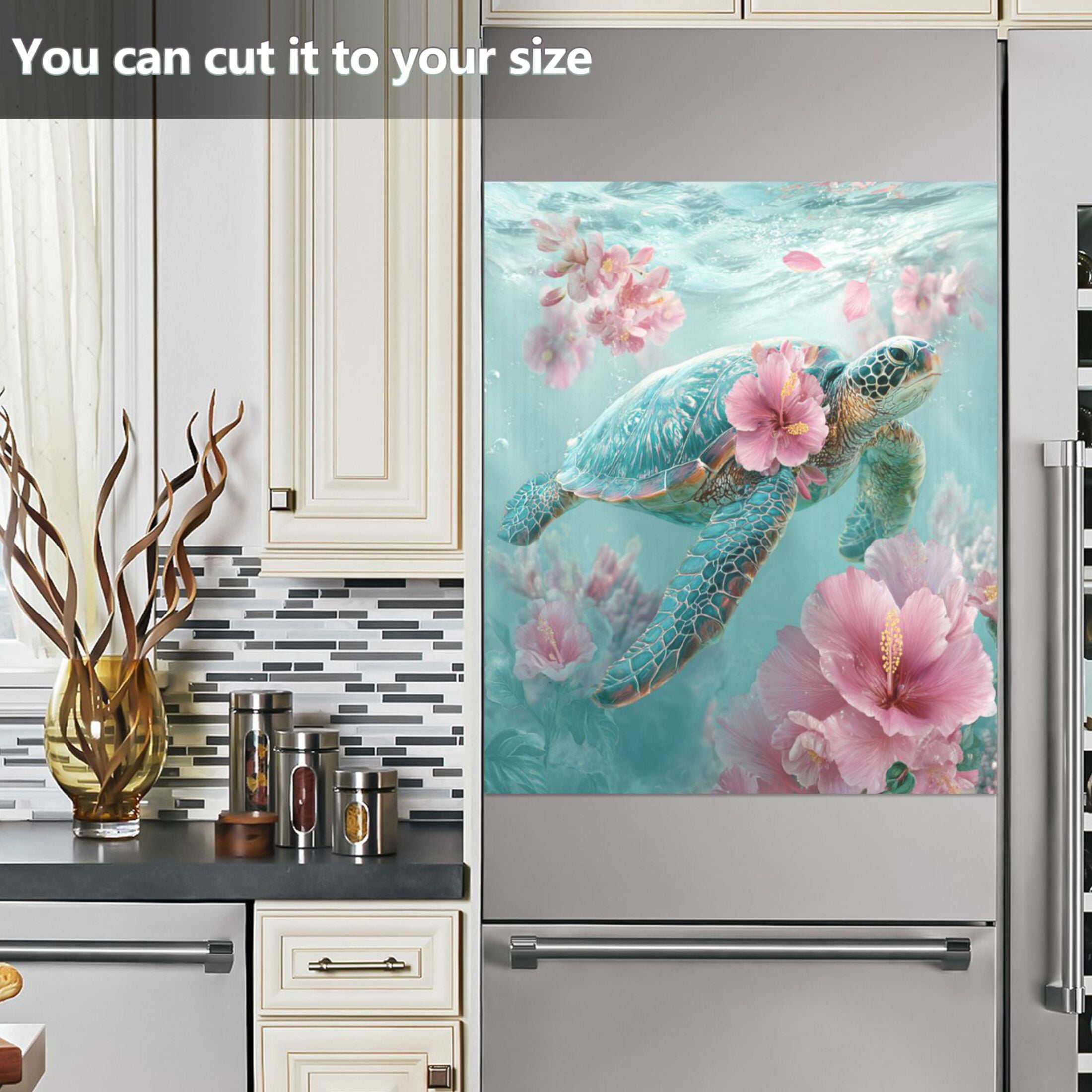 Dishwasher Magnetic Refrigerator Magnet Cover Sticker Home Decorative 23"x26" Sea Turtle with Hibiscus Flowers